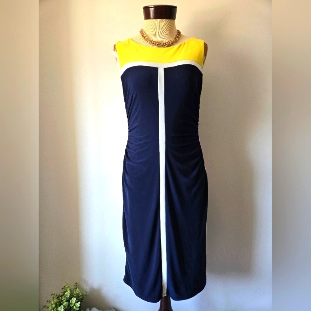 Lauren Ralph Lauren Navy and Yellow Sheath Midi Dress. Size 8